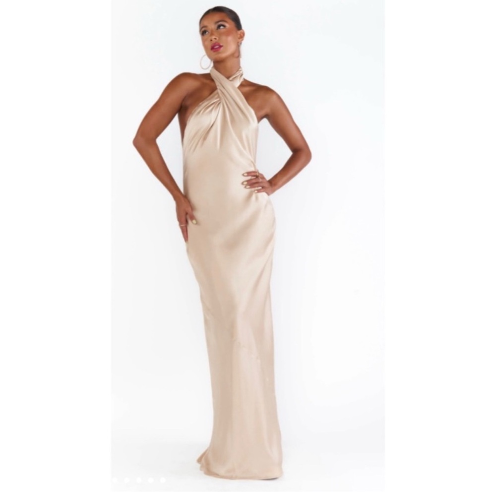 Hemmed (5’5” plus heels)! Show Me Your MuMu Jasmine Dress Champagne Luxe Satin